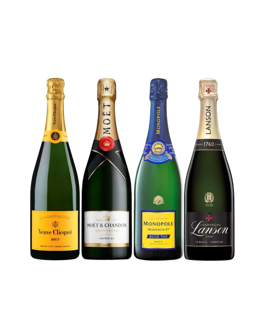 Combo of 4 Champagne, Lanson Le Black, Moet & Chandon, Monopole, Veuve Clicquot.75CL